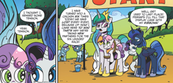 Size: 898x435 | Tagged: safe, artist:andypriceart, idw, princess celestia, princess luna, rarity, sweetie belle, alicorn, pony, unicorn, spoiler:comic, spoiler:comicff38, female, mare, sibling rivalry, sibling swap, sister swapping