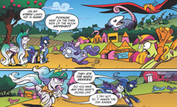 Size: 901x549 | Tagged: safe, artist:andypriceart, idw, philomena, princess celestia, princess luna, rarity, sweetcream scoops, sweetie belle, tiberius, alicorn, pony, unicorn, spoiler:comic, spoiler:comicff38, female, filly, mare, ponies riding ponies, ren and stimpy, riding