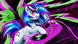 Size: 1600x900 | Tagged: safe, artist:slifertheskydragon, derpibooru import, dj pon-3, vinyl scratch, pony, unicorn, looking at you, open mouth, psychedelic, solo, turntable, wallpaper
