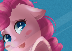 Size: 1024x724 | Tagged: safe, artist:chiweee, pinkie pie, earth pony, pony, blushing, cheek fluff, cute, diapinkes, ear fluff, heart eyes, looking at you, smiling, solo, tongue out, underhoof, wingding eyes