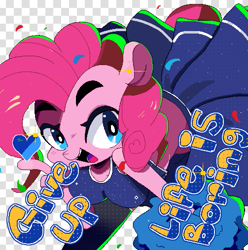 Size: 503x507 | Tagged: safe, artist:rakikubit, pinkie pie, anthro, earth pony, breasts, cheerleader pinkie, clothes, confetti, demotivational, heart, leaning forward, looking at you, no source available, open mouth, pixel art, pom pom, solo, stockings, subversive kawaii, text, thigh highs, tooth gap