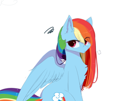 Size: 1200x1000 | Tagged: source needed, safe, artist:heddopen, derpibooru import, rainbow dash, pegasus, pony, chest fluff, cute, ear fluff, female, long mane, looking at you, sigh, simple background, solo, white background, wings