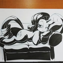 Size: 1080x1080 | Tagged: safe, artist:sketchwhatyousee, rarity, pony, unicorn, female, inktober, lidded eyes, mare, monochrome, one eye closed, smiling, sofa, solo, traditional art, wink