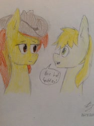 Size: 772x1034 | Tagged: safe, artist:missydash19, derpibooru import, braeburn, spitfire, female, male, shipping, spitburn, straight, traditional art