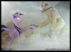 Size: 1359x1000 | Tagged: dead source, safe, artist:spartane27lol, derpibooru import, twilight sparkle, twilight sparkle (alicorn), alicorn, human, pony, female, folded wings, handshake, hazmat suit, hoofshake, looking at each other, mare, profile