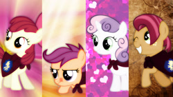 Size: 1920x1080 | Tagged: safe, artist:4everrandompuppy20, artist:fehlung, artist:solusjbj, derpibooru import, edit, apple bloom, babs seed, scootaloo, sweetie belle, cape, clothes, cutie mark crusaders, heart, smiling, tongue out, vector, wallpaper, wallpaper edit, wink