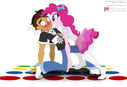 Size: 3976x2739 | Tagged: safe, artist:niban-destikim, derpibooru import, pinkie pie, oc, oc:copper plume, better together, equestria girls, blushing, bow, canon x oc, clothes, commission, commissioner:imperfectxiii, copperpie, cute, freckles, glasses, looking at each other, neckerchief, pantyhose, shirt, simple background, skirt, smiling, socks, transparent background, twister