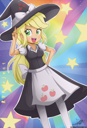 Size: 944x1399 | Tagged: safe, artist:the-butch-x, applejack, equestria girls, clothes, cosplay, crossover, cute, jackabetes, kirisame marisa, solo, sunburst background, touhou