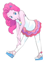 Size: 841x1148 | Tagged: safe, artist:natagara, derpibooru import, pinkie pie, better together, equestria girls, clothes, cute, diapinkes, female, geode of sugar bombs, looking at you, magical geodes, pantyhose, sandals, shirt, shoes, simple background, skirt, solo, white background