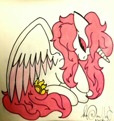 Size: 1082x1152 | Tagged: safe, artist:sydneypaullet, princess celestia, alicorn, pony, eyes closed, pink-mane celestia, solo, spread wings, traditional art, wings, younger