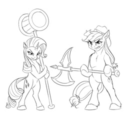 Size: 2000x2000 | Tagged: safe, artist:mykegreywolf, applejack, rarity, earth pony, pony, unicorn, axe, bipedal, hammer, monochrome, war hammer, weapon