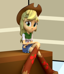 Size: 1030x1200 | Tagged: safe, artist:3d thread, artist:creatorofpony, applejack, equestria girls, /mlp/, 3d, 3d model, blender, boots, clothes, cowboy hat, denim, denim skirt, hat, shirt, sitting, skirt, solo, stetson