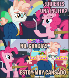 Size: 647x732 | Tagged: safe, edit, screencap, pinkie pie, svengallop, earth pony, pony, the mane attraction, drinking straw, fernando the straw, image macro, implied masturbation, innuendo, meme, pink text, pun, spanish, translated in the comments