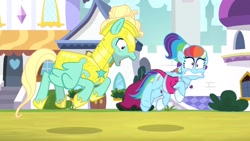 Size: 1702x957 | Tagged: safe, derpibooru import, screencap, rainbow dash, zephyr breeze, pegasus, pony, sparkle's seven, clothes, confused, dress, excited, eyes on the prize, funny face, megaradash, no underwear, out of context, rainbow dash always dresses in style, rainbow dash is best facemaker, royal guard zephyr breeze