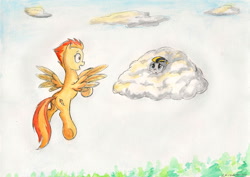 Size: 2301x1626 | Tagged: safe, artist:souleatersaku90, derpibooru import, spitfire, oc, oc:cielo, cloud, commission, female, filly, traditional art, watercolor painting, younger