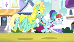 Size: 1702x957 | Tagged: safe, derpibooru import, screencap, rainbow dash, zephyr breeze, pegasus, pony, sparkle's seven, armor, clothes, confused, dress, excited, eyes on the prize, featureless crotch, funny face, megaradash, no underwear, out of context, rainbow dash always dresses in style, rainbow dash is best facemaker, royal guard armor, royal guard zephyr breeze