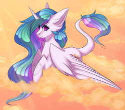 Size: 1280x1120 | Tagged: safe, artist:pinkxei, princess celestia, alicorn, pony, cloud, cute, cutelestia, ear fluff, eyebrows visible through hair, female, leonine tail, looking at you, mare, missing accessory, on a cloud, prone, smiling, solo