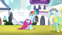 Size: 1702x957 | Tagged: safe, derpibooru import, screencap, rainbow dash, zephyr breeze, pegasus, pony, sparkle's seven, clothes, dress, ear piercing, earring, jewelry, megaradash, piercing, rainbow dash always dresses in style, royal guard zephyr breeze, spotted, surprised, wide eyes