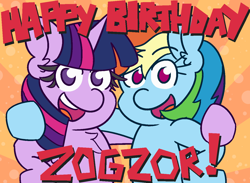 Size: 1300x950 | Tagged: safe, artist:threetwotwo32232, derpibooru import, rainbow dash, twilight sparkle, unicorn twilight, pegasus, pony, unicorn, birthday, duo, female, mare, text