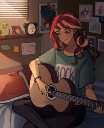 Size: 1300x1600 | Tagged: safe, artist:tcn1205, fluttershy, pinkie pie, rarity, sci-twi, sunset shimmer, twilight sparkle, bird, equestria girls, bed, bedroom, clothes, guitar, it's not about the parakeet, musical instrument, parakeet, picture, playing, shirt, socks, solo