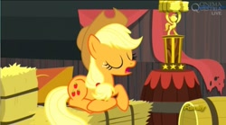 Size: 1075x599 | Tagged: safe, screencap, applejack, earth pony, pony, appleoosa's most wanted, hay, hay bale, sitting, trophy