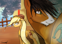 Size: 2047x1447 | Tagged: safe, artist:sakuracheetah, applejack, trouble shoes, earth pony, pony, appleoosa's most wanted, blowing, female, floppy ears, fluffy, looking back, male, shipping, shy, smiling, straight, sweat, troublejack