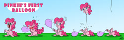 Size: 1024x336 | Tagged: safe, artist:loreto-arts, pinkie pie, earth pony, pony, airhead, balloon, balloon head, blowing up balloons, derp, detachable head, disembodied head, female, headless, inflating, mare, modular, pinkie being pinkie, pinkie physics, solo, wat