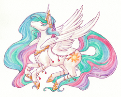 Size: 900x720 | Tagged: safe, artist:gerbilfat, princess celestia, alicorn, pony, crown, eyes closed, jewelry, necklace, regalia, simple background, solo, spread wings, traditional art, white background, wings