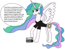 Size: 2424x1841 | Tagged: safe, artist:supahdonarudo, princess celestia, alicorn, pony, castlevania, clothes, gamer celestia, kid icarus, kirby's adventure, megaman, nintendo, nintendo entertainment system, punch out, retrolestia, shirt, super mario bros., t-shirt, the legend of zelda, zapper