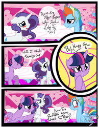 Size: 3500x4500 | Tagged: safe, artist:becauseimpink, derpibooru import, dusk shine, elusive, rainbow blitz, rainbow dash, rarity, twilight sparkle, pegasus, pony, unicorn, comic:transition, blushing, comic, dialogue, embarrassed, eyes closed, male, pointing, raised hoof, rule 63, smiling, stallion, thinking, transgender