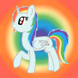 Size: 1000x1000 | Tagged: safe, artist:rainbow dash is best pony, derpibooru import, rainbow dash, oc, oc:rainbowrio, alicorn, pegasus, pony, rainbow background, solo