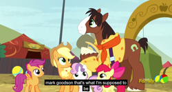 Size: 1600x855 | Tagged: safe, screencap, apple bloom, applejack, scootaloo, sweetie belle, trouble shoes, earth pony, pony, appleoosa's most wanted, cutie mark crusaders, mark goodson, meme, youtube caption