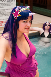 Size: 2848x4288 | Tagged: safe, artist:damicaglow, artist:frozen-rose-cosplay, derpibooru import, rarity, twilight sparkle, human, bikini, clothes, cosplay, irl, irl human, one-piece swimsuit, photo, swimming pool, swimsuit