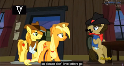 Size: 1600x855 | Tagged: safe, screencap, applejack, braeburn, sheriff silverstar, earth pony, pony, appleoosa's most wanted, meme, youtube caption