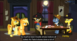 Size: 1600x855 | Tagged: safe, screencap, applejack, braeburn, fetter keys, sheriff silverstar, star spur, earth pony, pony, appleoosa's most wanted, discovery family logo, krakow, meme, playing card, youtube caption