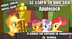 Size: 800x438 | Tagged: safe, edit, edited screencap, editor:animeclaro, screencap, apple bloom, applejack, scootaloo, sweetie belle, earth pony, pegasus, pony, unicorn, appleoosa's most wanted, caption, female, filly, mare, spanish, translated in the comments, trophy