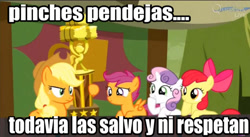 Size: 800x437 | Tagged: safe, edit, edited screencap, editor:animeclaro, screencap, apple bloom, applejack, scootaloo, sweetie belle, earth pony, pony, appleoosa's most wanted, caption, image macro, meme, spanish, trophy, vulgar