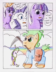 Size: 858x1098 | Tagged: safe, artist:the1king, derpibooru import, rarity, twilight sparkle, twilight sparkle (alicorn), alicorn, pony, unicorn, comic:fluttershy and the rainbow factory, fanfic:rainbow factory, comic, female, floppy ears, mare, mouth hold, oompa loompa, open mouth, parody, ponified, raised eyebrow, scythe, traditional art, wide eyes, willy wonka