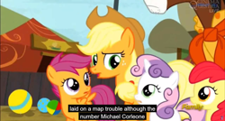 Size: 1600x855 | Tagged: safe, screencap, apple bloom, applejack, scootaloo, sweetie belle, trouble shoes, earth pony, pony, appleoosa's most wanted, cutie mark crusaders, meme, michael corleone, the godfather, youtube caption