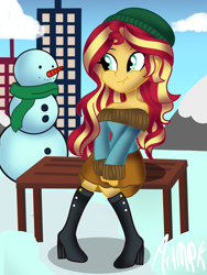 Size: 1536x2048 | Tagged: safe, artist:artmlpk, sunset shimmer, equestria girls, alternate hairstyle, bare shoulders, bench, boots, city, cityscape, clothes, cloud, cute, female, heeled boots, high heel boots, looking back, mountain, off shoulder, off shoulder sweater, shimmerbetes, shoes, sitting, skirt, smiling, snow, snowman, solo, sweater, winter, winter outfit