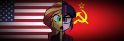 Size: 1500x500 | Tagged: safe, sci-twi, sunset shimmer, twilight sparkle, equestria girls, american flag, cold war, hammer and sickle, soviet union