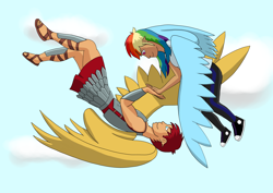 Size: 3504x2480 | Tagged: safe, artist:allonsbro, derpibooru import, flash magnus, rainbow dash, human, armor, converse, dashmagnus, female, flying, humanized, male, shipping, shoes, straight, winged humanization, wings