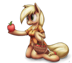 Size: 700x610 | Tagged: safe, artist:tg-0, applejack, anthro, unguligrade anthro, apple, arm hooves, basket, belly button, bottomless, breasts, clothes, female, sitting, solo