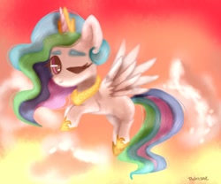 Size: 1024x854 | Tagged: safe, artist:ipukisae, princess celestia, alicorn, pony, female, flying, mare, one eye closed, solo, sunset, wink