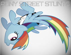 Size: 670x524 | Tagged: safe, derpibooru import, edit, editor:undeadponysoldier, rainbow dash, pegasus, pony, backflip, clothes, female, flip, flying, mare, parkour, parody, pun, ronnie street stunts, simple background, solo, spread wings, text, white background, wings, word art, youtuber