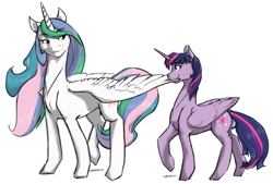 Size: 2000x1349 | Tagged: safe, artist:geomancing, princess celestia, twilight sparkle, twilight sparkle (alicorn), alicorn, pony, biting, female, lesbian, looking at each other, shipping, simple background, smiling, twilestia, white background, wing bite