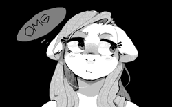 Size: 1236x768 | Tagged: safe, artist:mistyasha, fluttershy, pegasus, pony, black background, bust, eyeroll, floppy ears, grayscale, looking away, monochrome, omg, simple background, solo, thought bubble