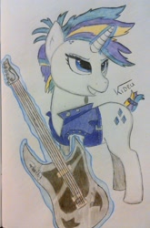 Size: 1420x2155 | Tagged: safe, artist:kideł/kideu, rarity, pony, unicorn, it isn't the mane thing about you, alternate hairstyle, guitar, punk, raripunk, traditional art