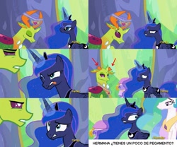 Size: 847x706 | Tagged: safe, edit, edited screencap, screencap, princess celestia, princess luna, thorax, alicorn, changedling, changeling, pony, celestial advice, broken horn, discovery family logo, equestrian pink heart of courage, female, king thorax, mare, meme, screencap comic, spanish, translated in the comments