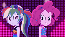 Size: 1920x1080 | Tagged: safe, derpibooru import, screencap, pinkie pie, rainbow dash, better together, equestria girls, i'm on a yacht, alternate hairstyle, beautiful, clothes, cute, dashabetes, diapinkes, dress, duo, female, looking at you, neon eg logo, sleeveless, smiling